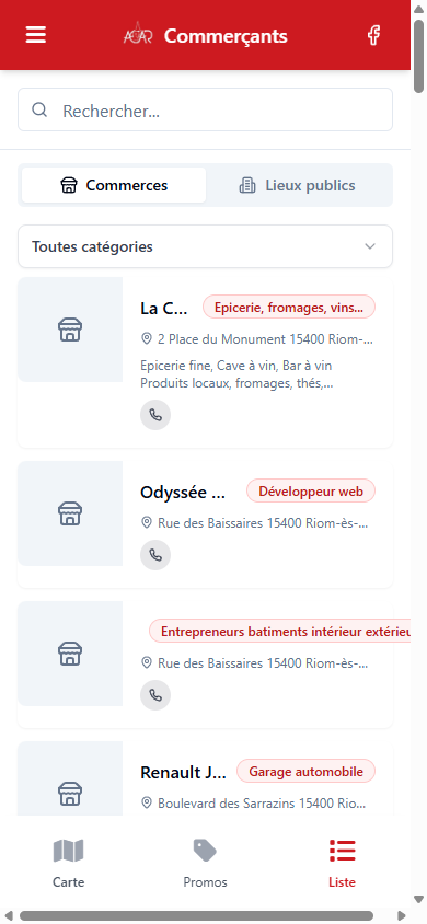 Liste des commerçants ACAR avec activités, adresses et descriptions