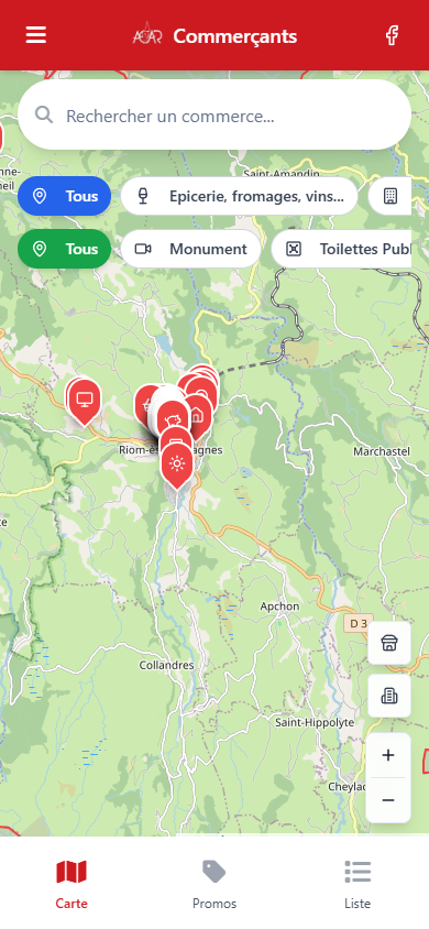 Carte interactive ACAR du Pays Gentiane avec marqueurs des commerces et filtres par activité