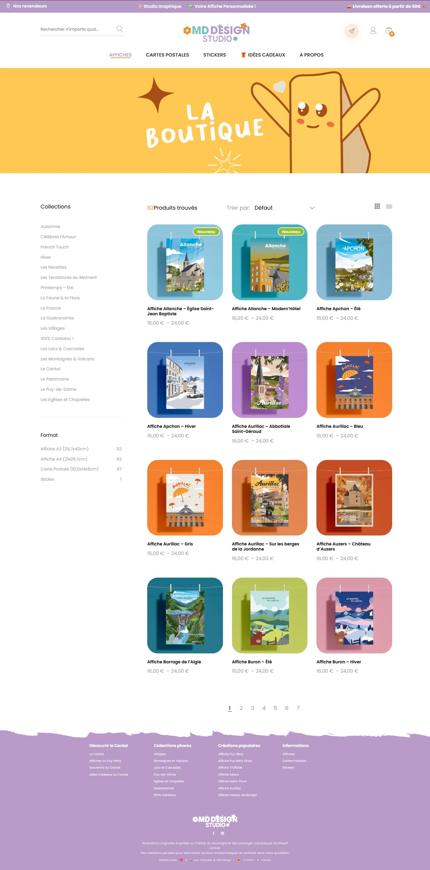 Catalogue des affiches MD Design, avec collections, choix de format, tri et grille de produits