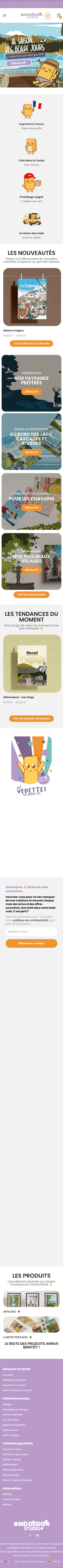 Accueil complet de la boutique MD Design sur téléphone, des collections illustrées au pied de page