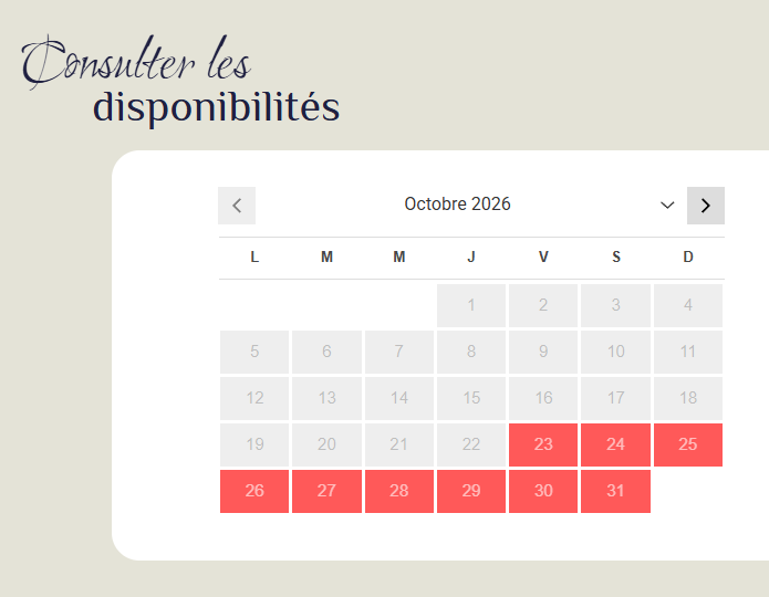 Calendrier de disponibilités Open System intégré à la page de la chambre Soleil Levant