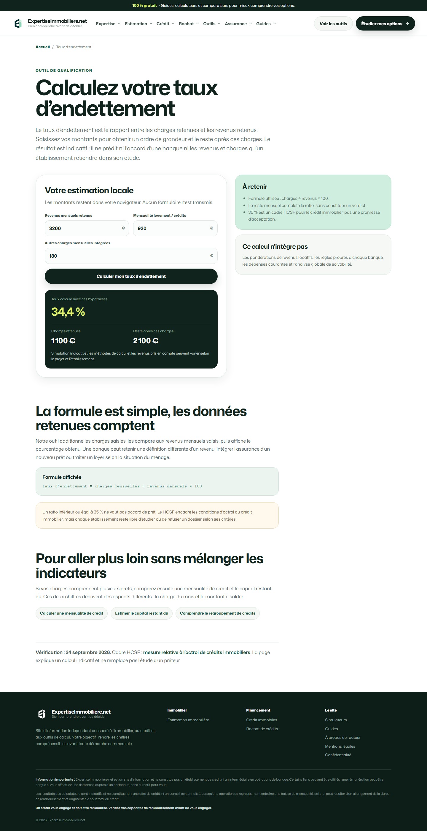 Calculateur de taux d’endettement avec champs, résultat indicatif et limites