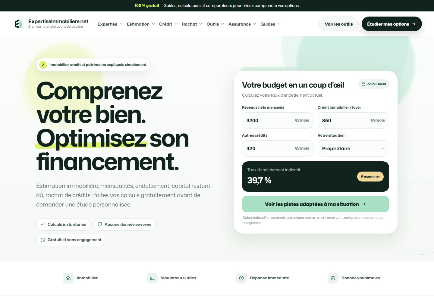 Accueil ExpertiseImmobiliere.NET avec calculateur de budget