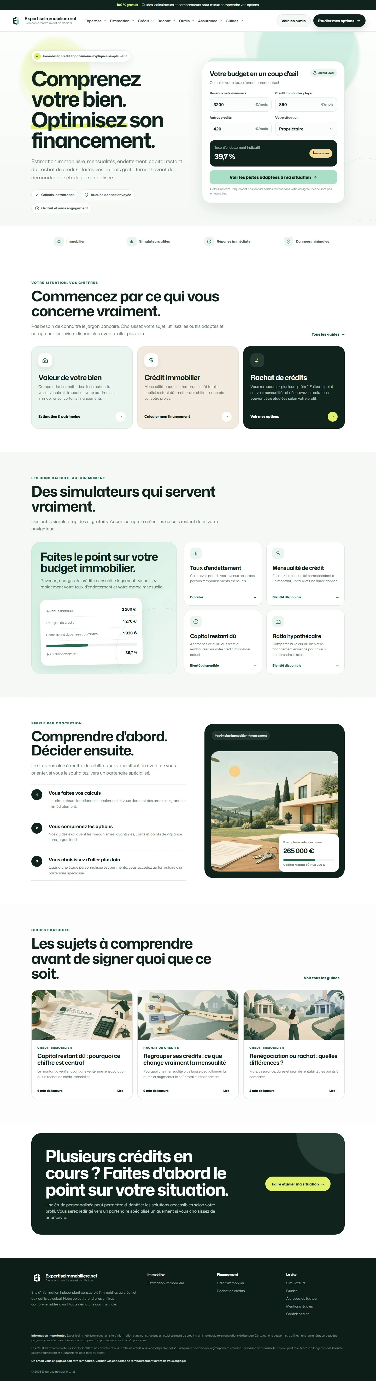 Accueil ExpertiseImmobiliere.NET avec présentation des sujets et calculateur de budget