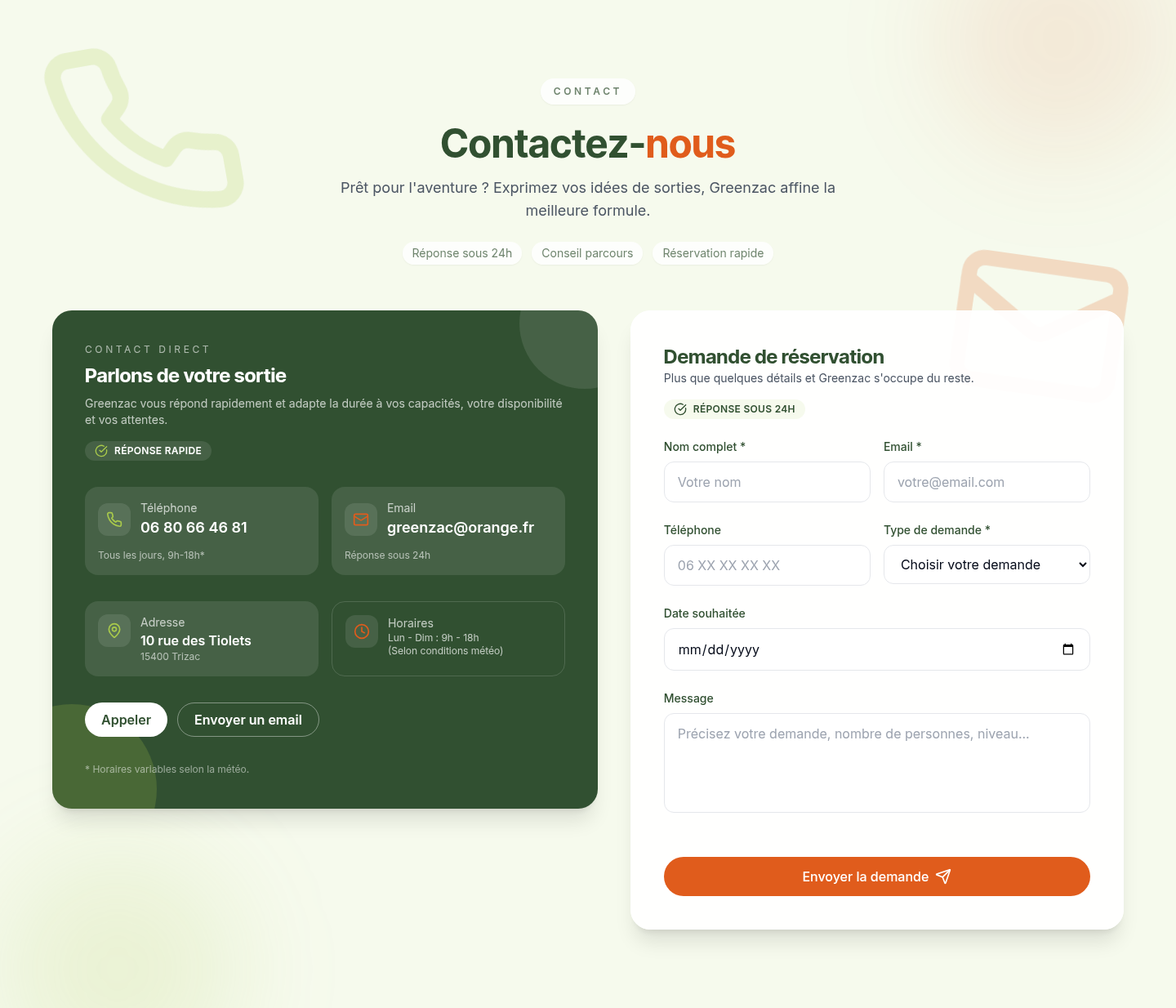 Section de contact Greenzac avec ses coordonnées et le formulaire de demande de sortie