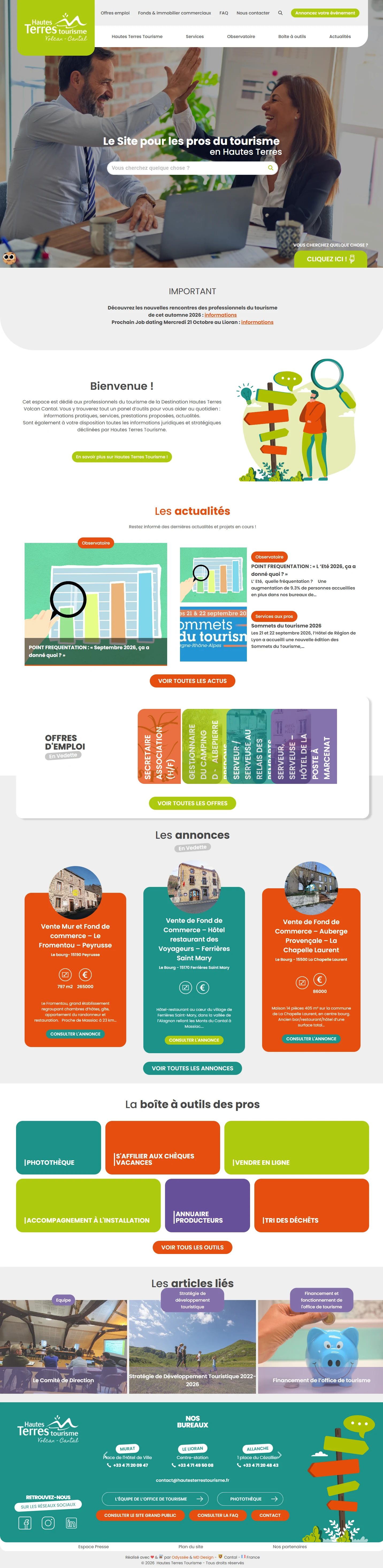 Accueil du portail Hautes Terres Tourisme Pro avec recherche, actualités et ressources professionnelles