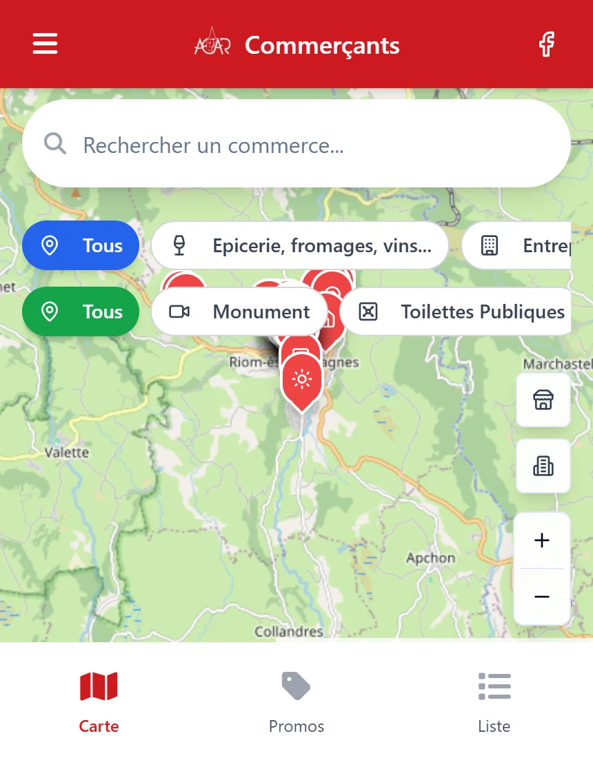 Carte mobile des commerçants ACAR du Pays Gentiane, filtres et marqueurs