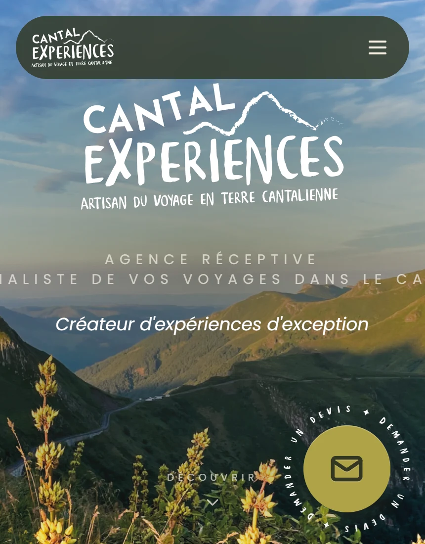 Accueil mobile de Cantal Experiences, paysage cantalien et présentation de l’agence