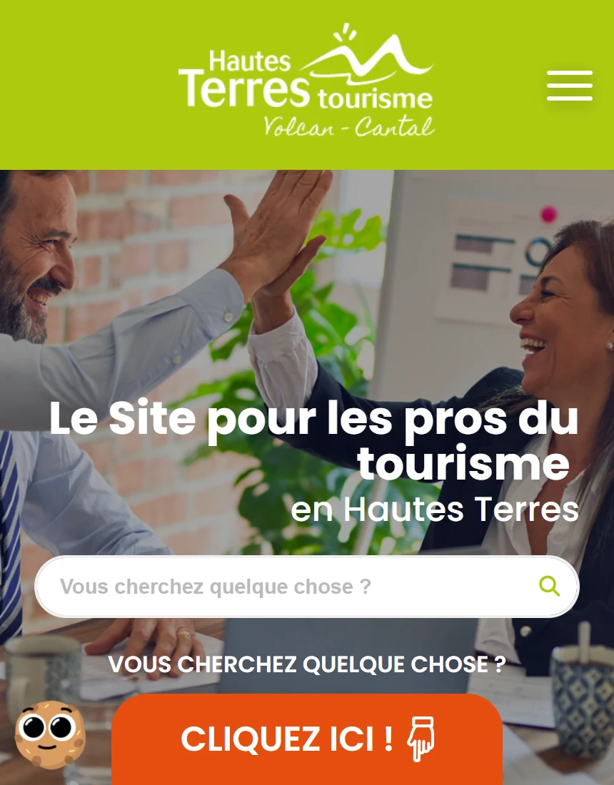 Accueil mobile du portail Hautes Terres Tourisme Pro avec sa recherche