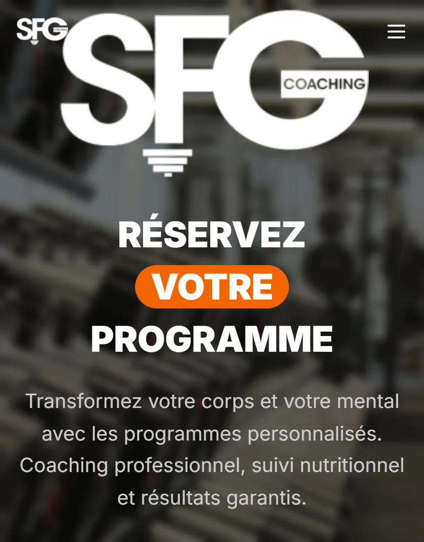 Accueil mobile de SFG Coaching et présentation des programmes sportifs