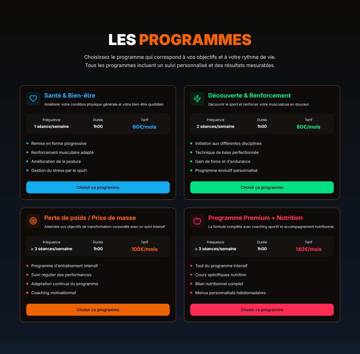 Cartes des programmes sportifs SFG Coaching