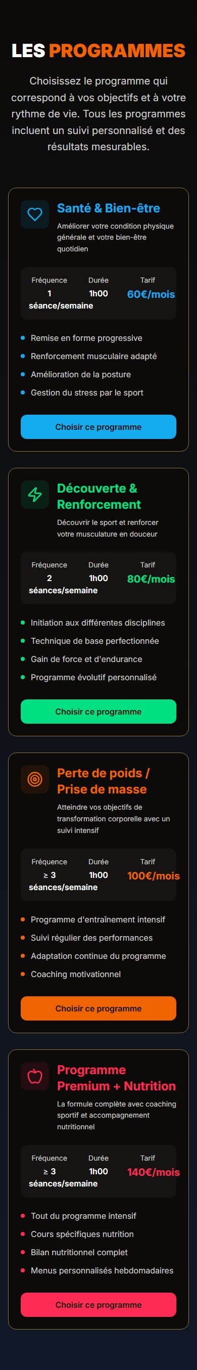 Section Programmes de SFG Coaching sur téléphone