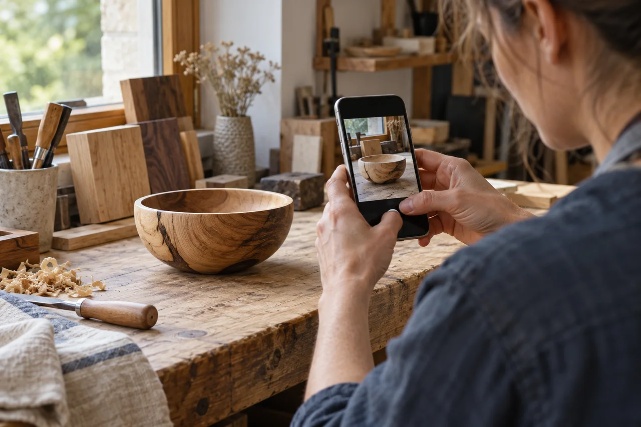 Un artisan photographie une réalisation en bois dans son atelier avec son téléphone.
